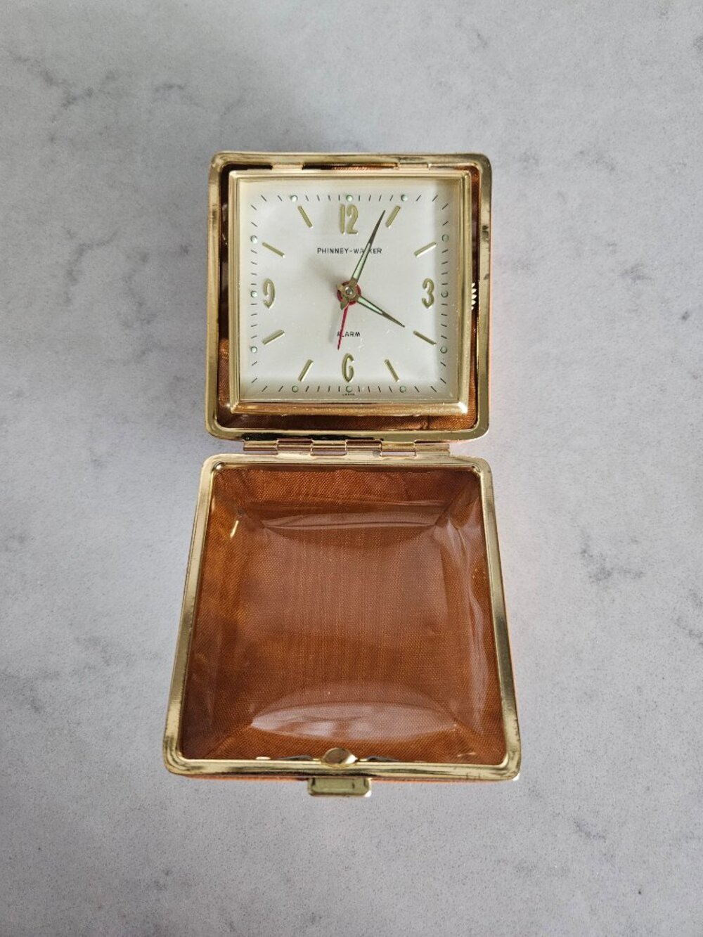 VINTAGE PHINNEY-WALKER FOLDING TRAVELING ALARM CLOCK